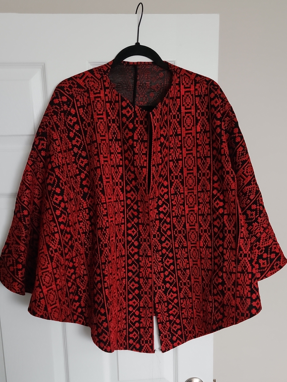 Shawl Red and Black Embroidery Tatreez Open-Front Poncho